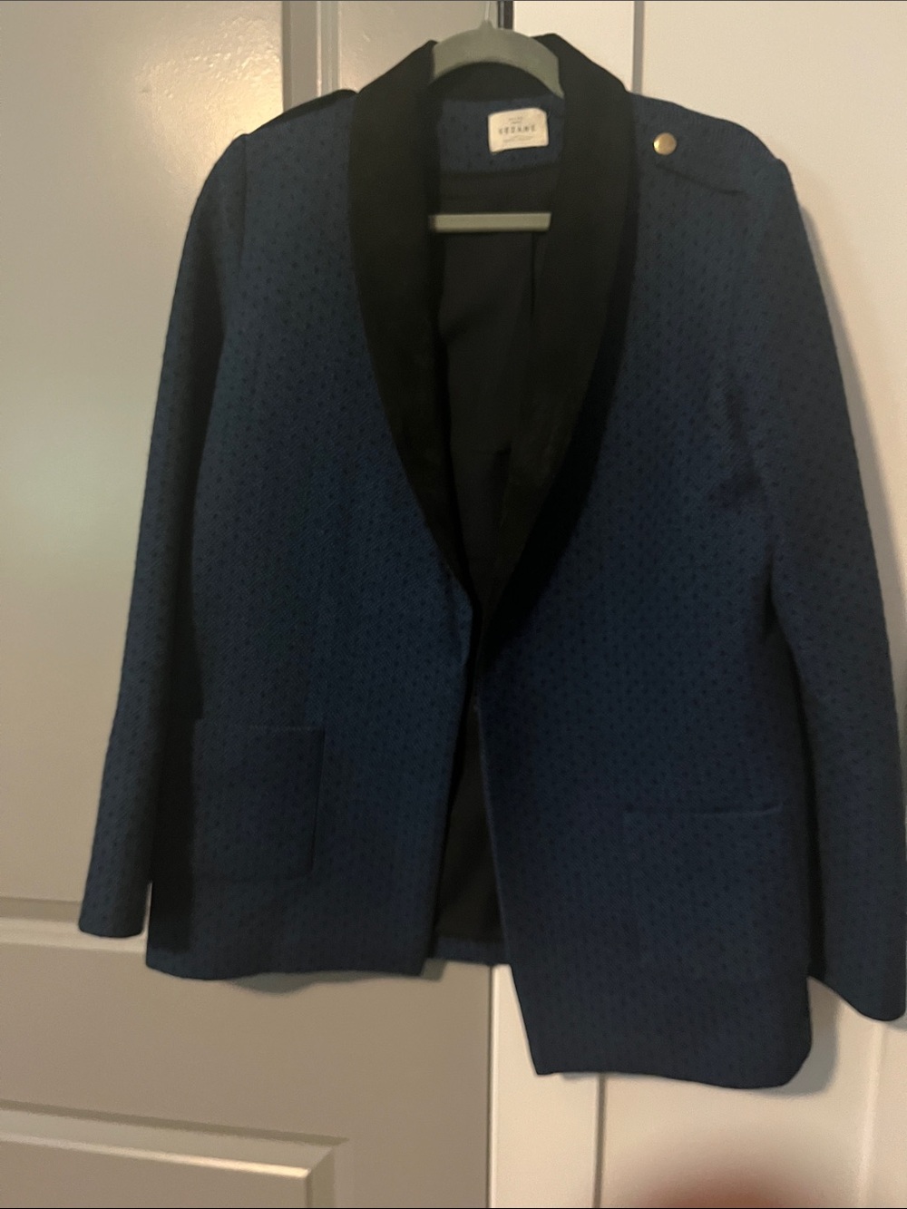 Sézane Navy Textured Blazer with Black Shawl Collar